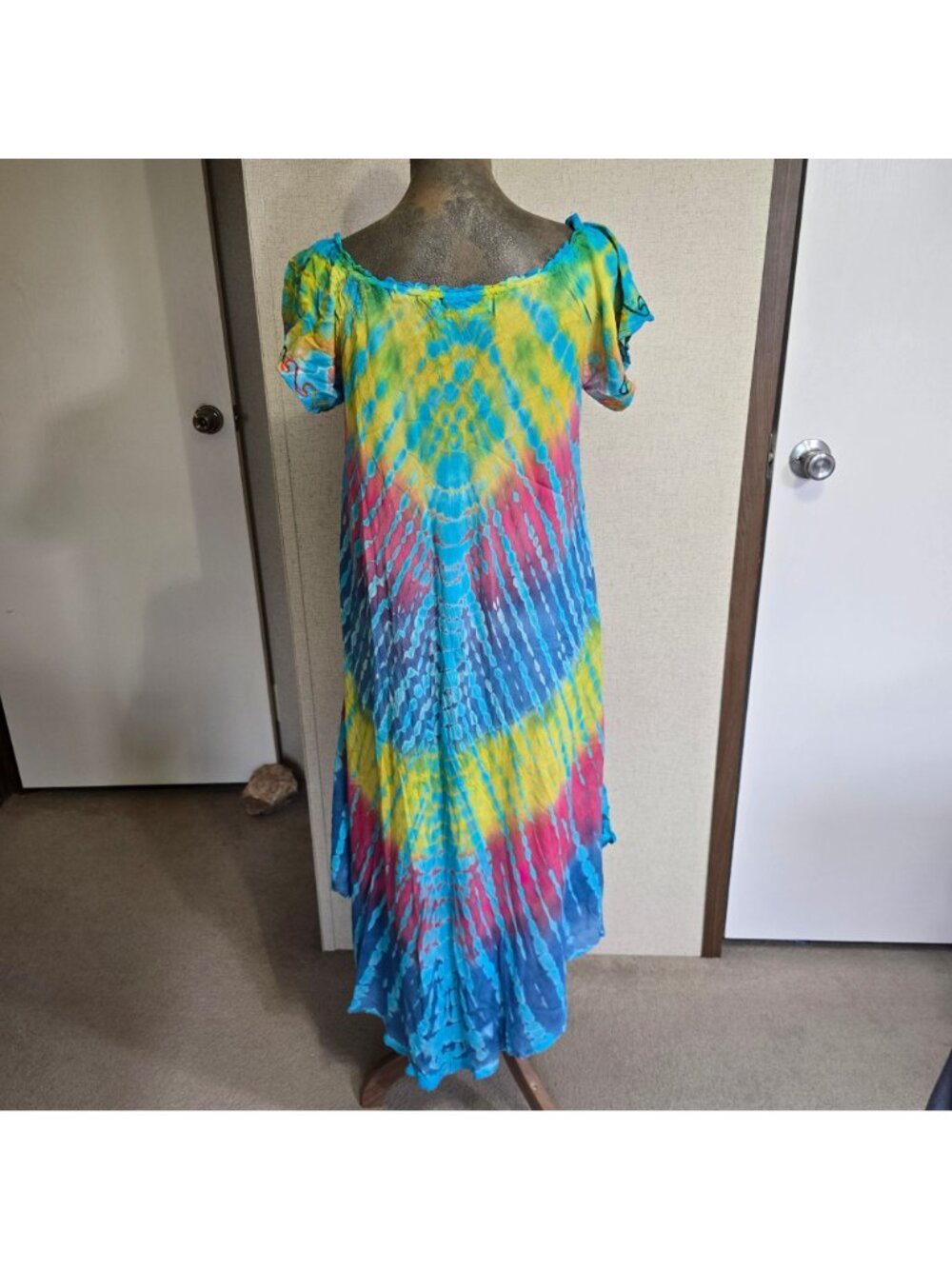 Ace Fashion L Flowy Tie-Dye Rayon Boho Dress Multicolor Short Sleeve Festival - Picture 4 of 5